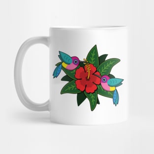 Cute Hummingbirds on Hibiscus Flower Cartoon - White Mug